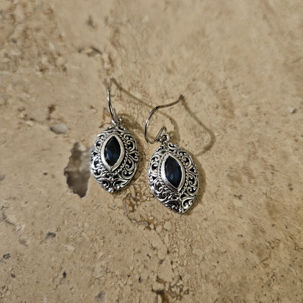 Elegant Sterling and Sim Sapphire Filigree Earrings